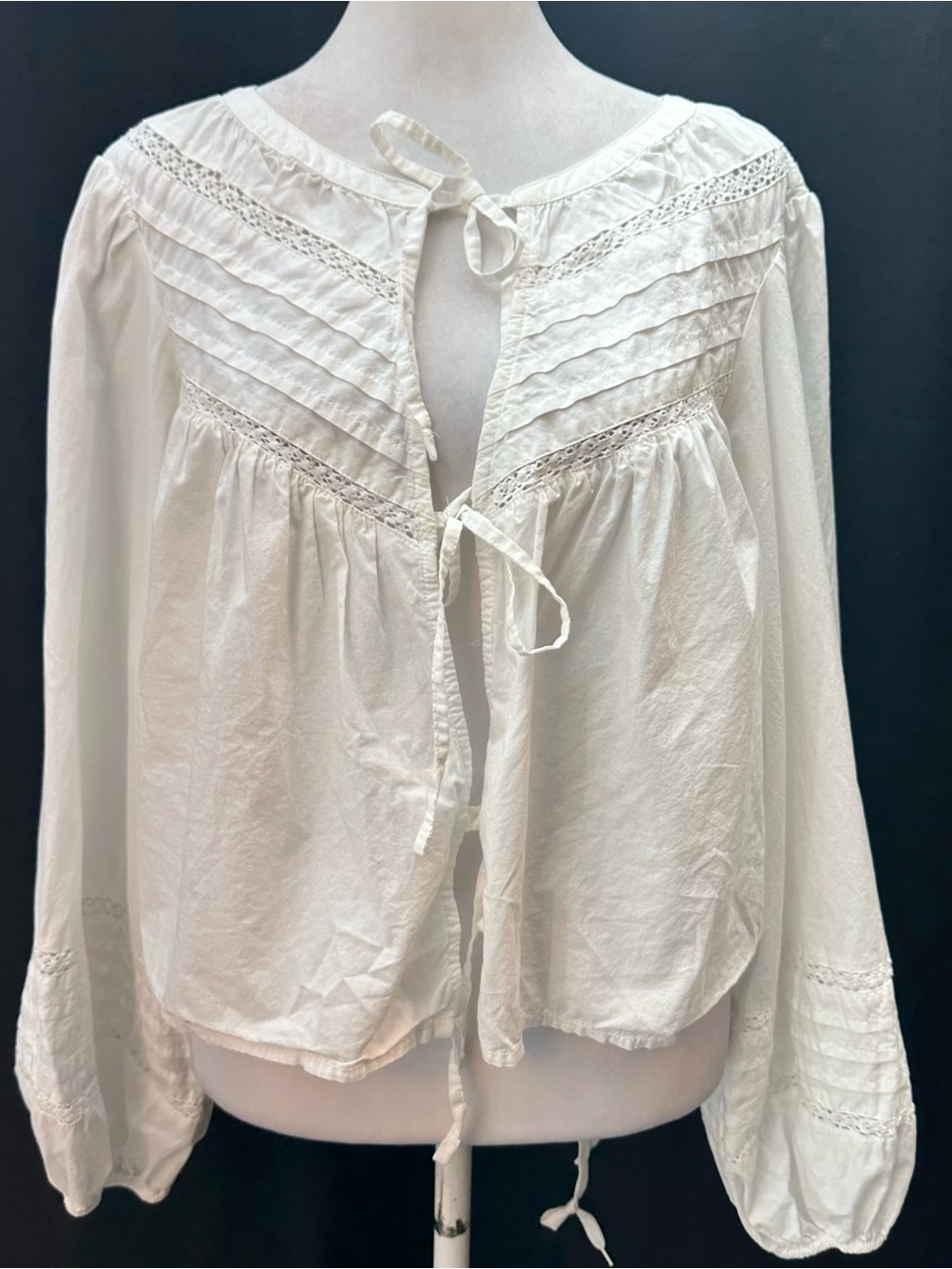 aerie White Lace-Trim Peasant Tie-Front Blouse M